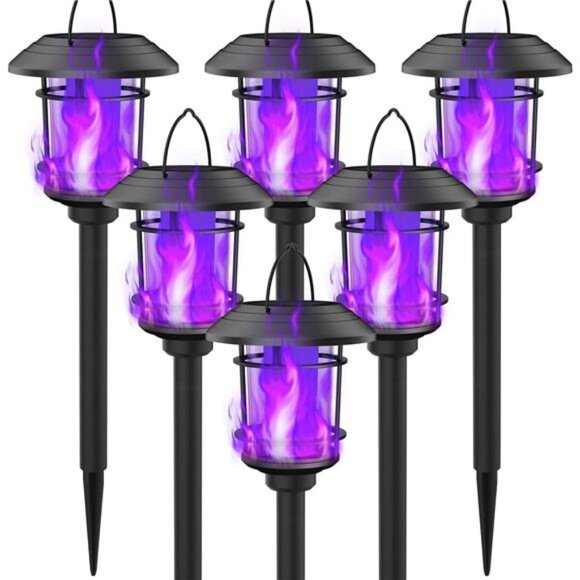 6 Pack Solar Flame Torch Lights Outdoor, Dual Use Flickering Purple - Picture 1 of 7